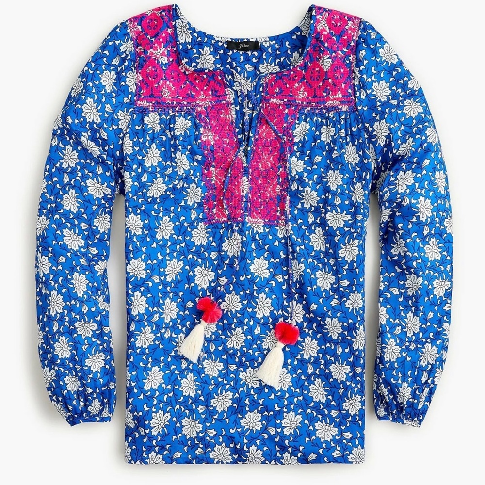 J.Crew Embroidered cotton voile top in block print (AM848) XXS - Cerulean Multi